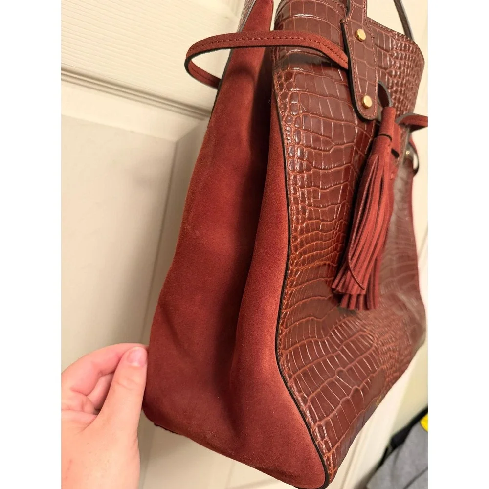 J. McLaughlin Crocodile‎ Embossed Leather and Suede with Tassel Tote in Brick